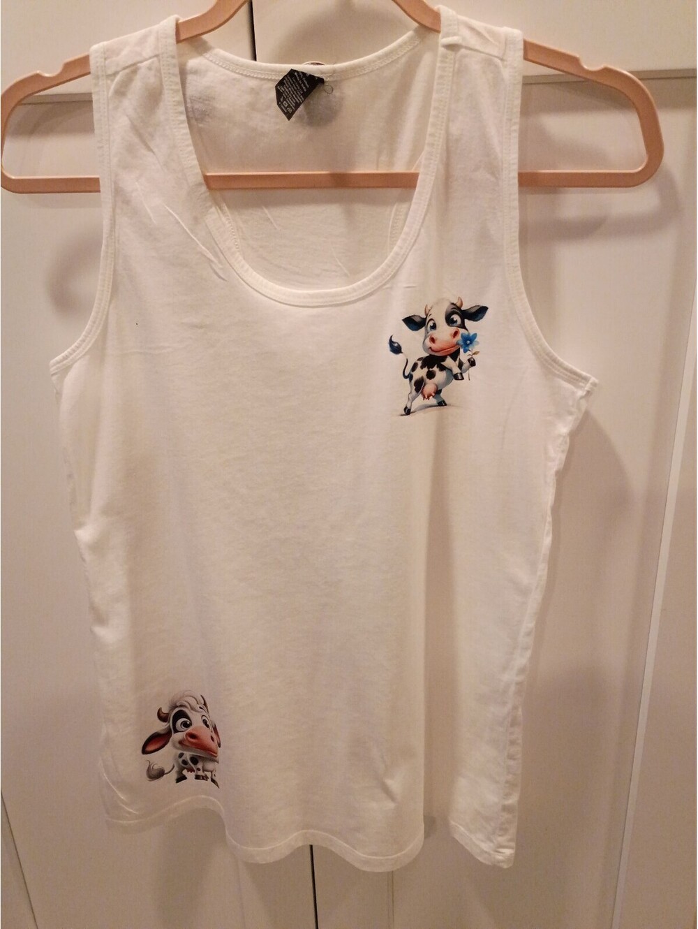 White Cotton Tank Top with Cute Cartoon Cow Prints, Size Small